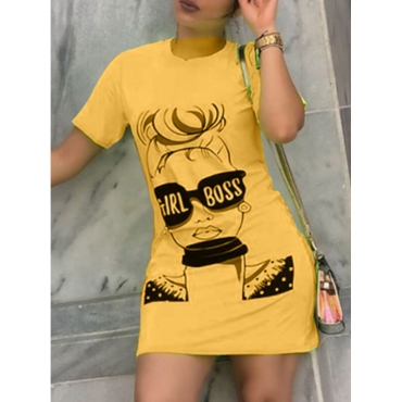 

LW Casual O Neck Printed Yellow Mini Dress