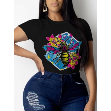 

LW Plus Size Floral Bee Print T-shirt, Black