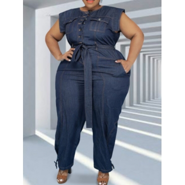 

LW Plus Size Bandage Design Denim Jumpsuit, Deep blue