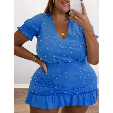 

LW Plus Size Pearl Decor Ruffle Design Skirt Set, Blue