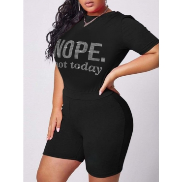 

LW Plus Size Rhinestone Letter Decor Shorts Set, Black