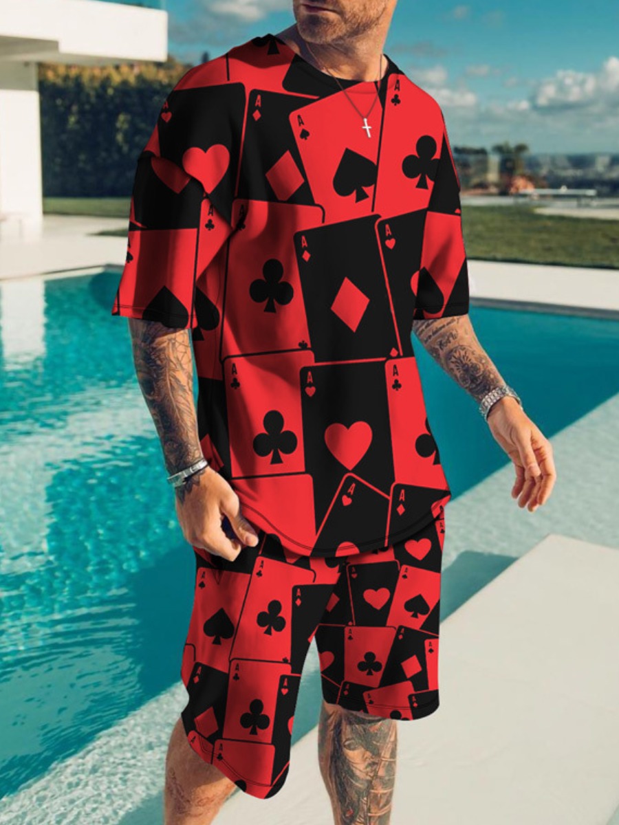 

LW Men Poker Heart Print Shorts Set, Red