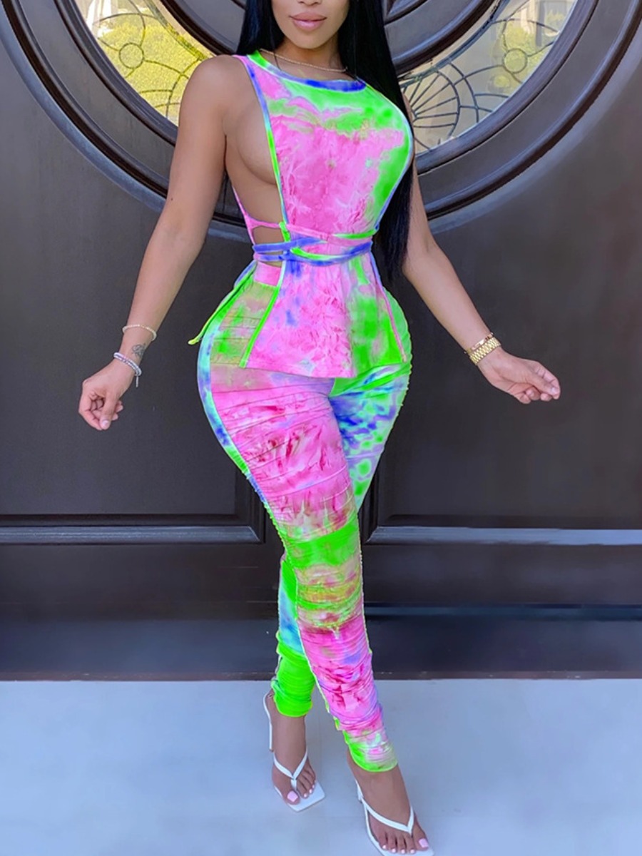 

LW SXY Plus Size Tie-dye Side Split Pants Set, Light pink