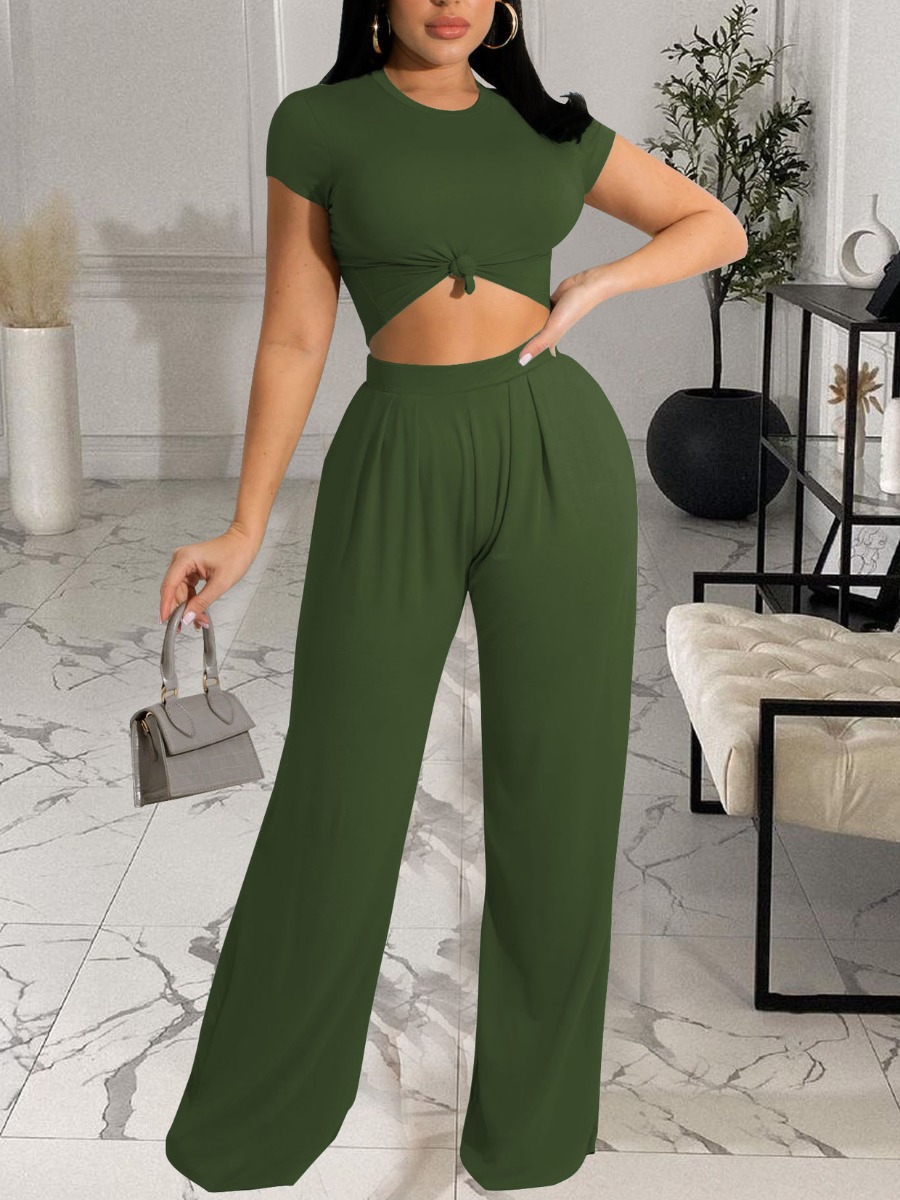 LW Round Neck Wide Leg Pants Set, Green