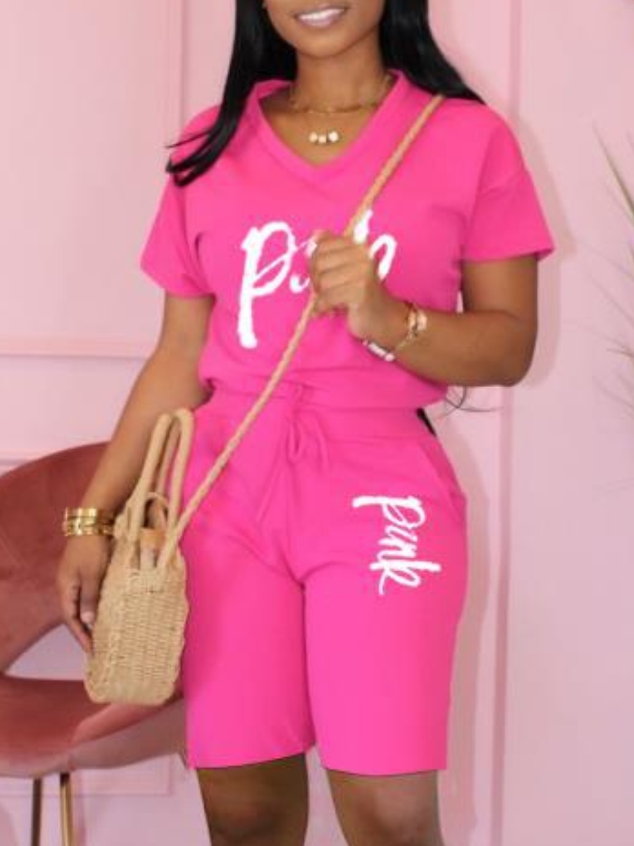 

LW Pink Letter Print Drawstring Shorts Set, Rose red