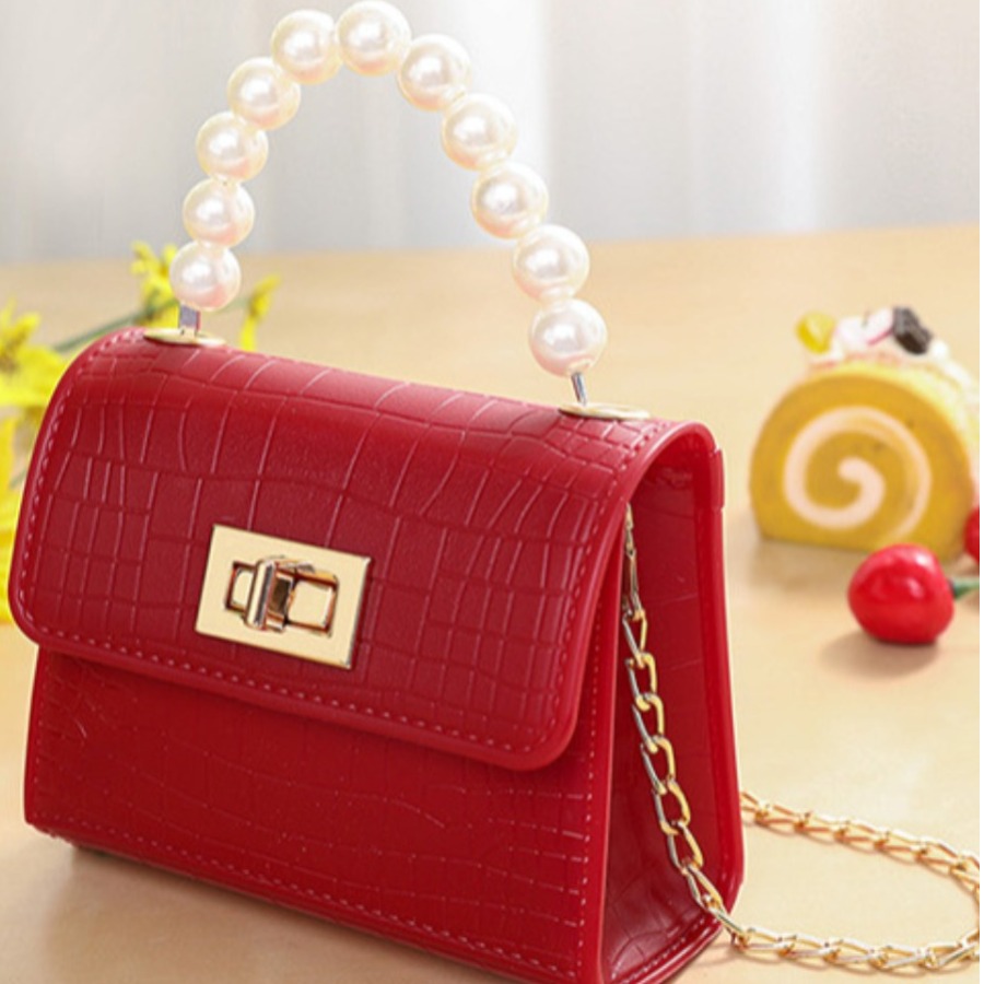 

LW Pearl Decor Chain Strap Crossbody Bag, Red