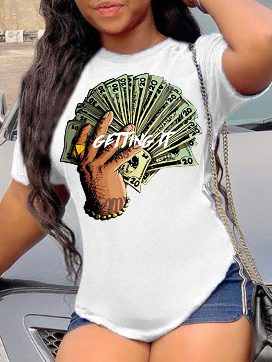 LovelyWholesale Plus Size Casual O Neck Money Print White T-shirt Summer Short Sleeve Casual Basic Round Neck  5X Spring Summer 2024
