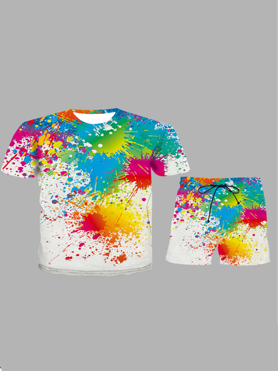 

LW Men Casual Splash Ink Print Multicolor Two Piece Shorts Set, Multi