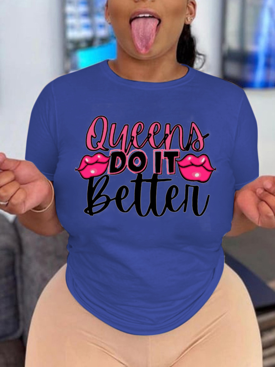 

LW Queen Letter Lip Print T-shirt, Blue