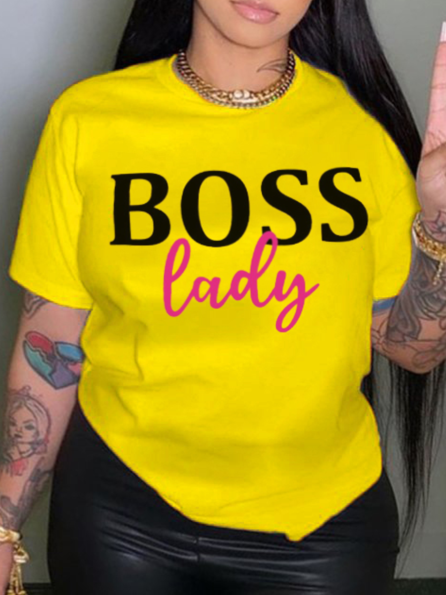 LovelyWholesale Plus Size Round Neck Letter Print T-shirt Summer Short Sleeve Casual Round Neck  4X Spring Summer 2024