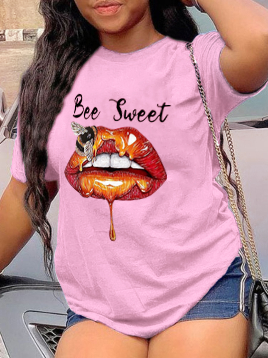 

LW Lip Letter Bee Print T-shirt, Pink