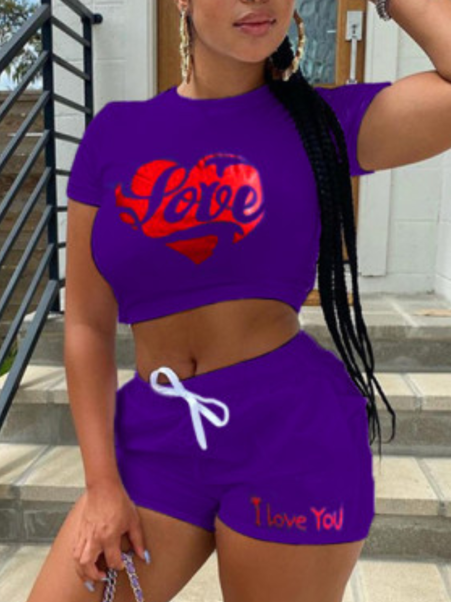 

LW Letter Print Crop Top Drawstring Shorts Set, Purple