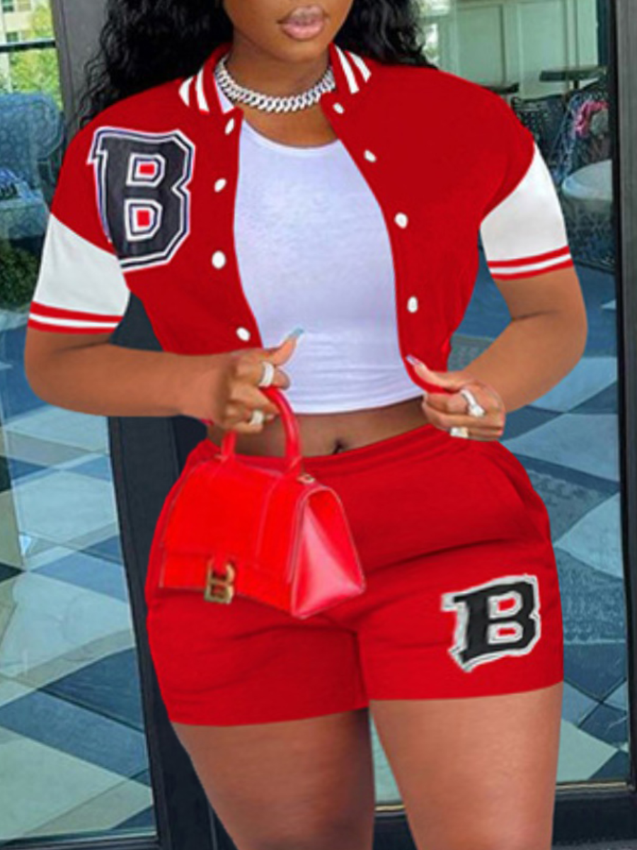 LovelyWholesale Plus Size Letter Decor Striped Shorts Set Summer Short Sleeve Street Patchwork Mandarin Collar  4X Spring Summer 2024