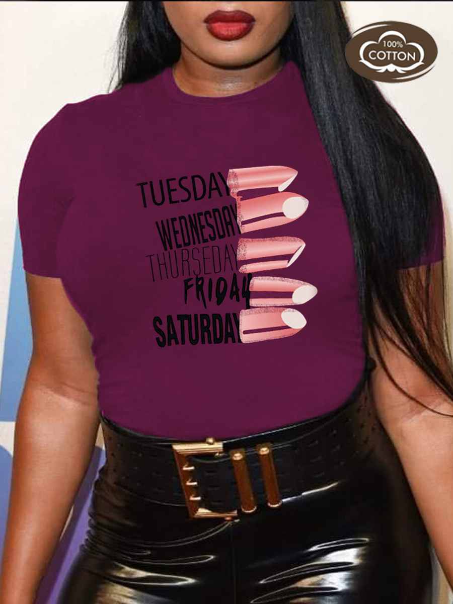 

LW COTTON Plus Size Round Neck Letter Print T-shirt, Wine red