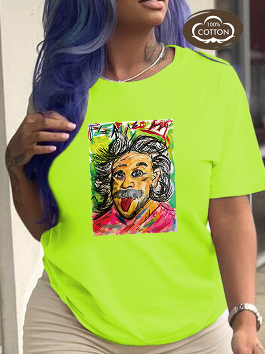 

LW COTTON Plus Size Graffiti Figure Print T-shirt, Green