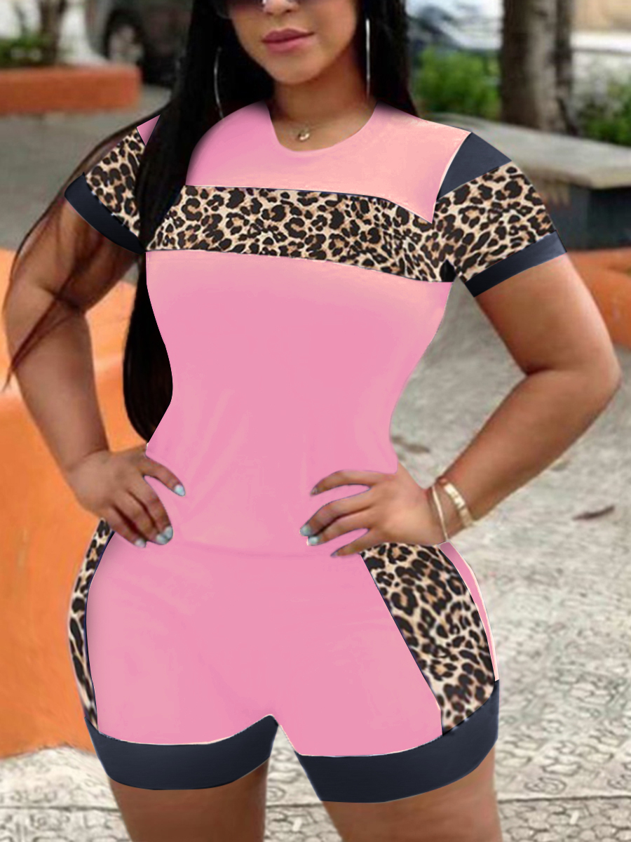 

LW Plus Size Leopard Print Patchwork Shorts Set, Pink