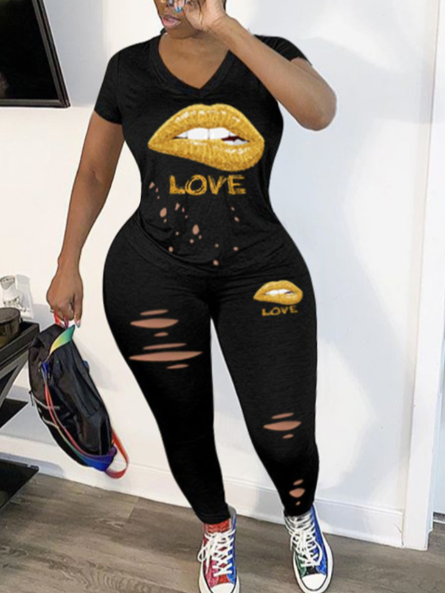 LW Plus Size Lip Letter Print Ripped Pants Set