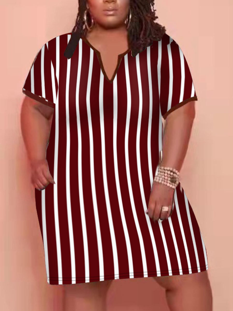

LW Plus Size V Neck Striped Dress, Brown
