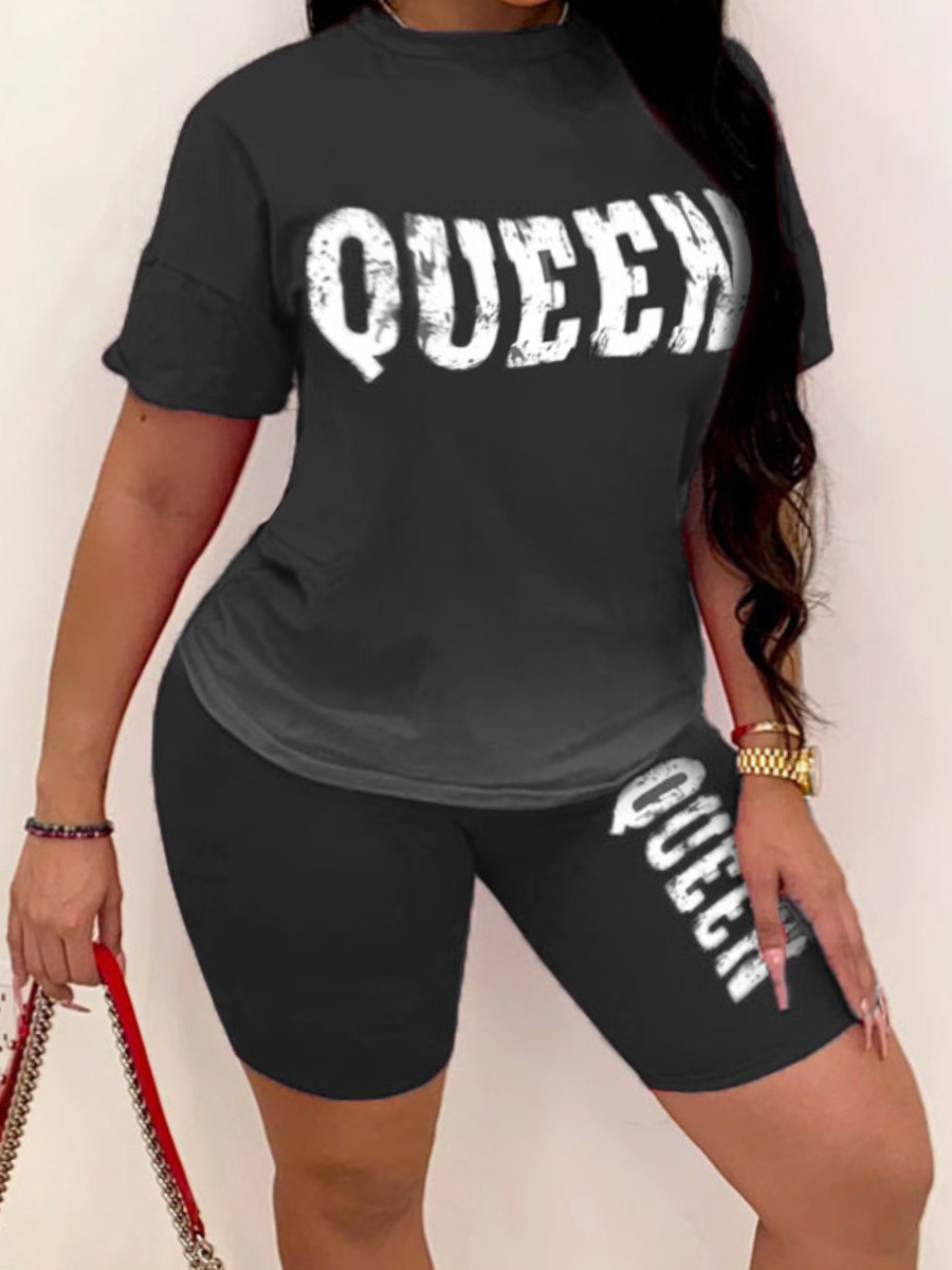 

LW BASICS Plus Size Gradient Queen Print Shorts Set, Black
