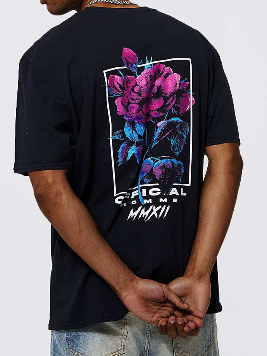 

LW Men Floral Letter Print T-shirt, Black