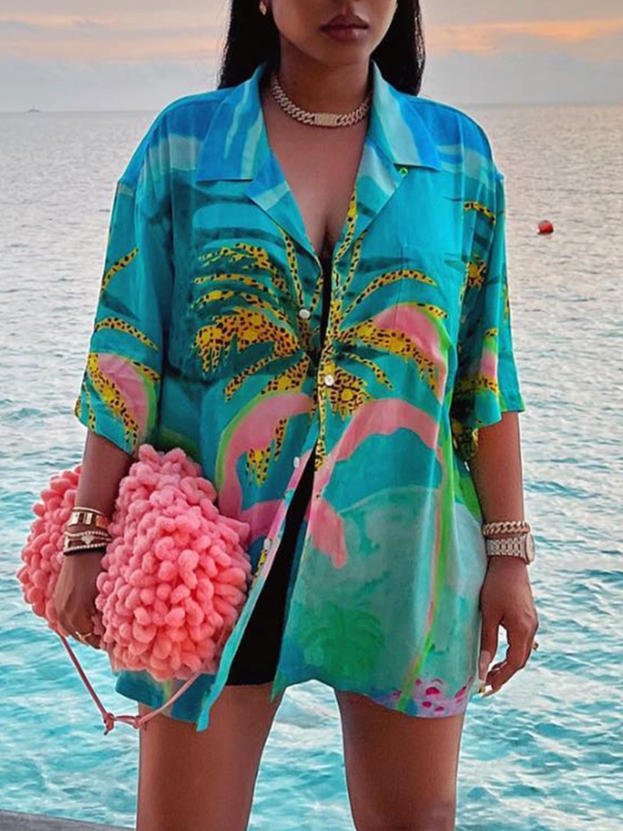 

LW Floral Print Loose Shirt, Blue