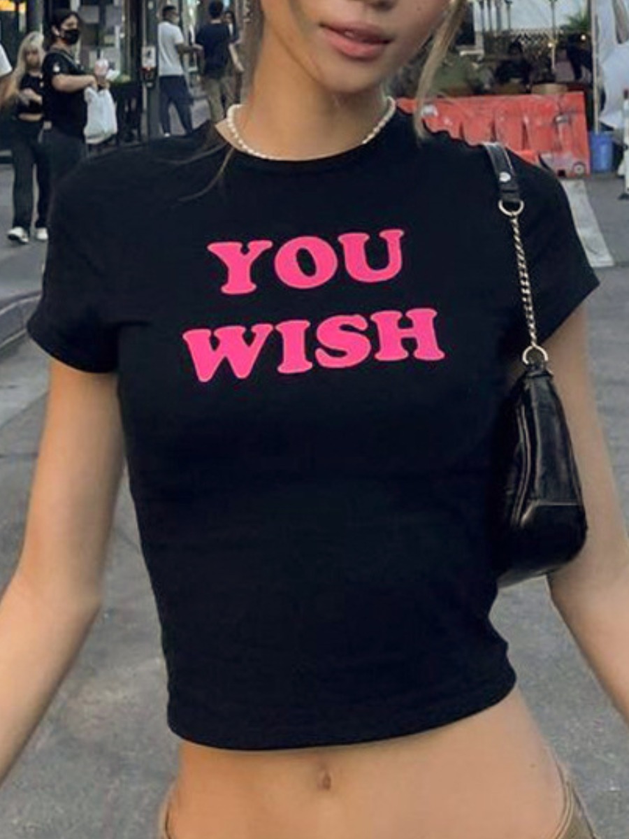 

LW Round Neck Letter Print T-shirt, Black