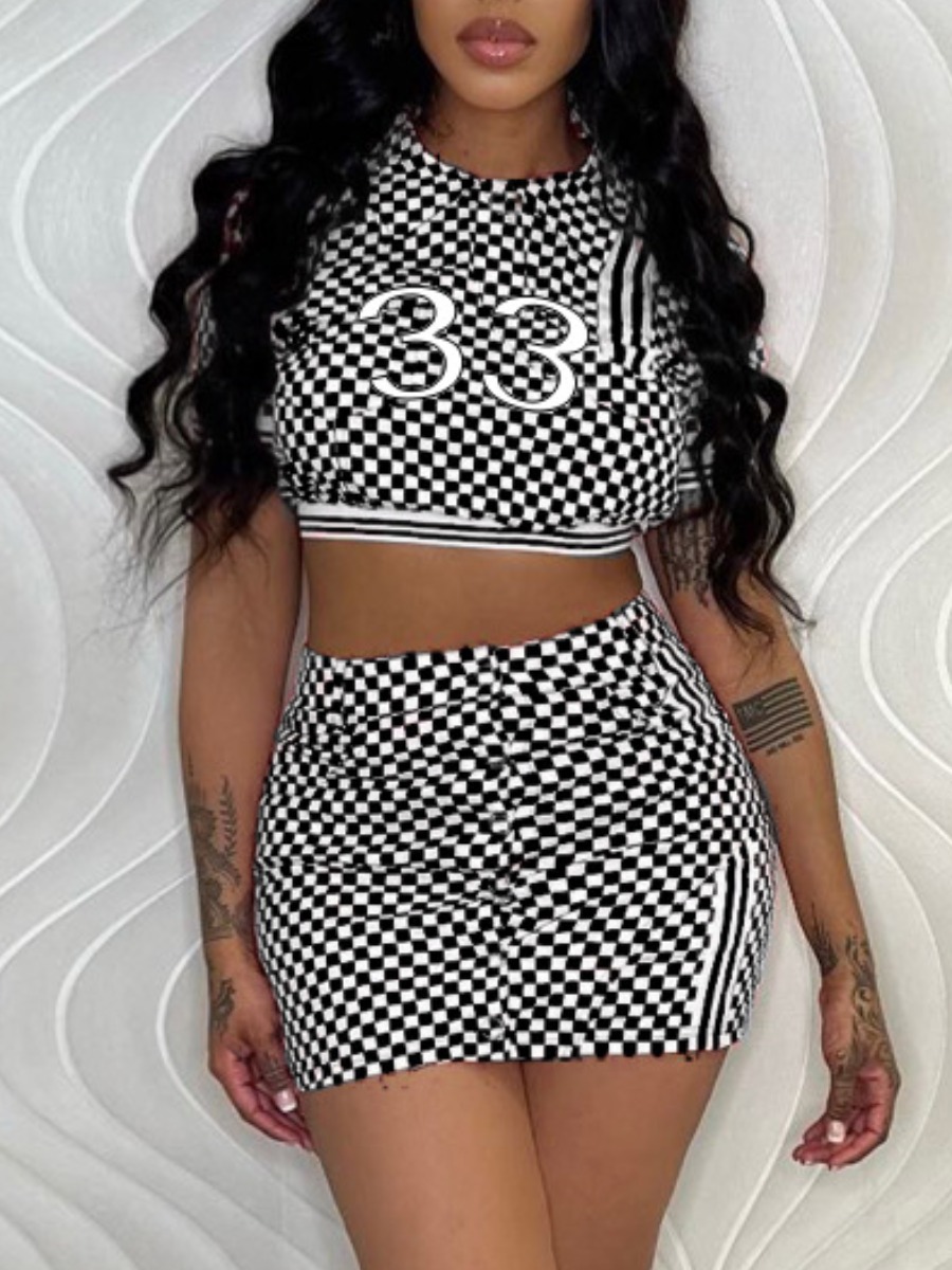 

LW Crop Top Letter Plaid Print Skirt Set, Black & white tartan