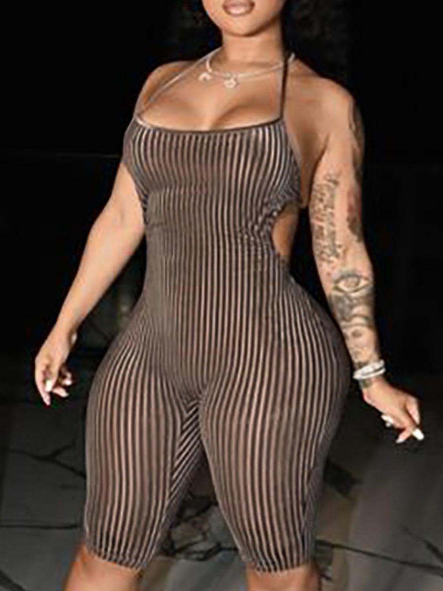 

LW Backless Striped Skinny Romper, Brown
