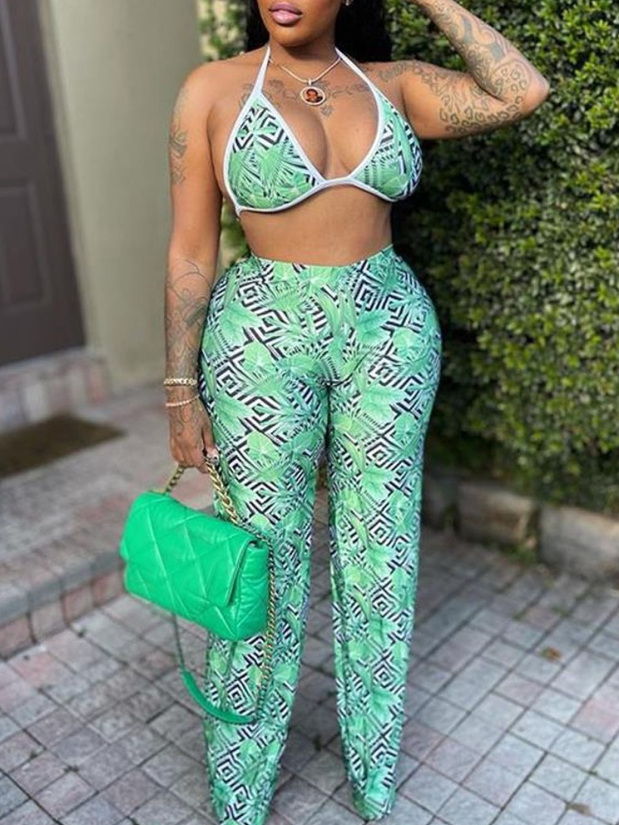 

LW Plus Size Geometric Print Backless Pants Set, Green