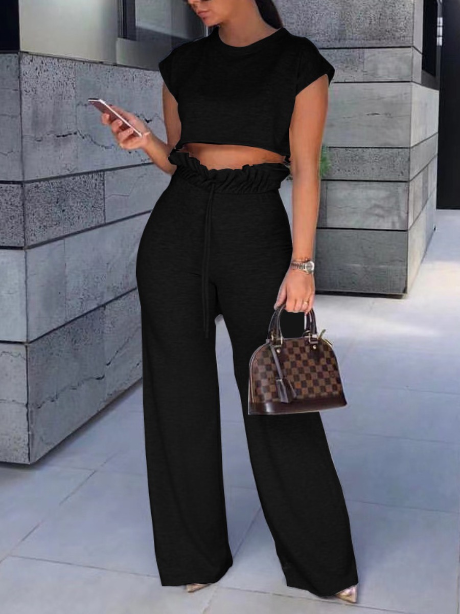

LW Crop Top Ruffle Design Pants Set, Black