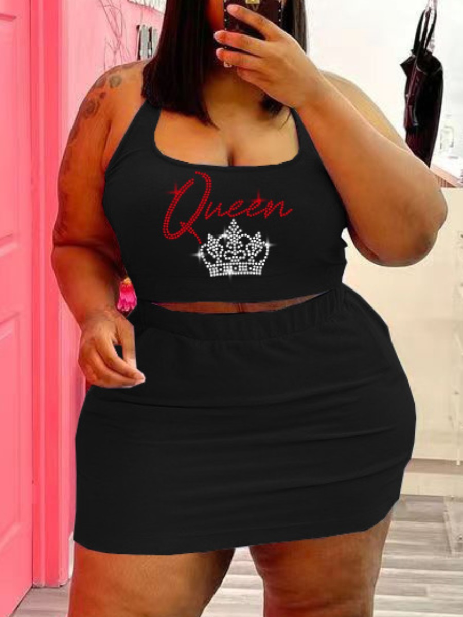 

LW Plus Size Hot Drilling Crown Print Skirt Set, Black