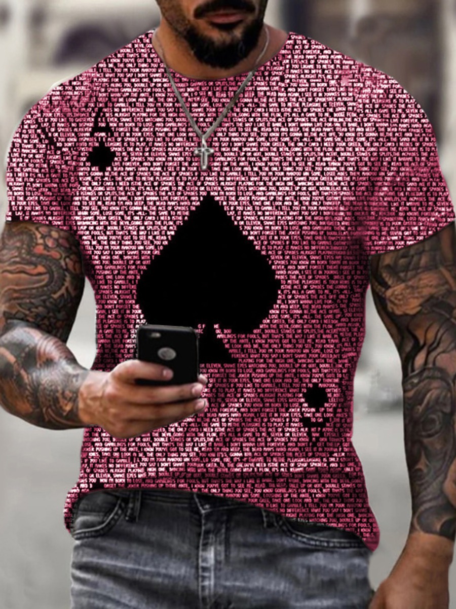 

LW Men Poker Letter Print T-shirt, Pink