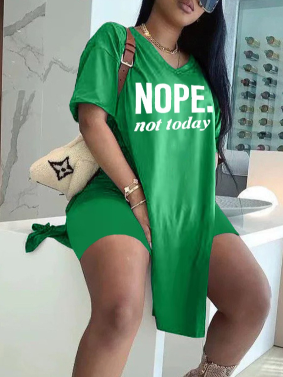 

LW Plus Size Letter Print High Split Shorts Set, Green