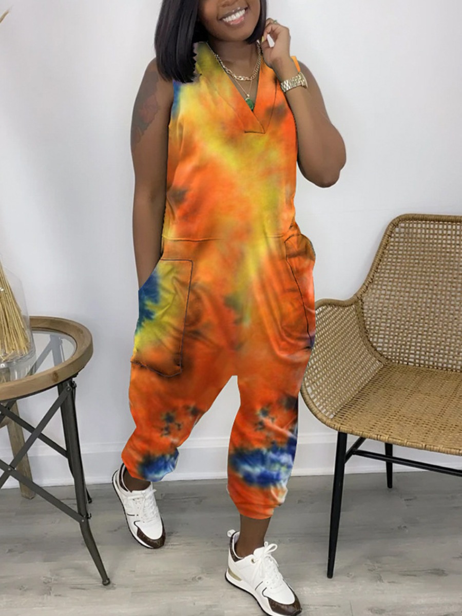 

LW Plus Size Tie-dye Pocket Design Jumpsuit, Yellow