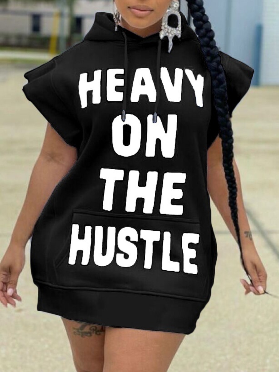 

LW Letter Print Kangaroo Pocket Sweat Dress, Black