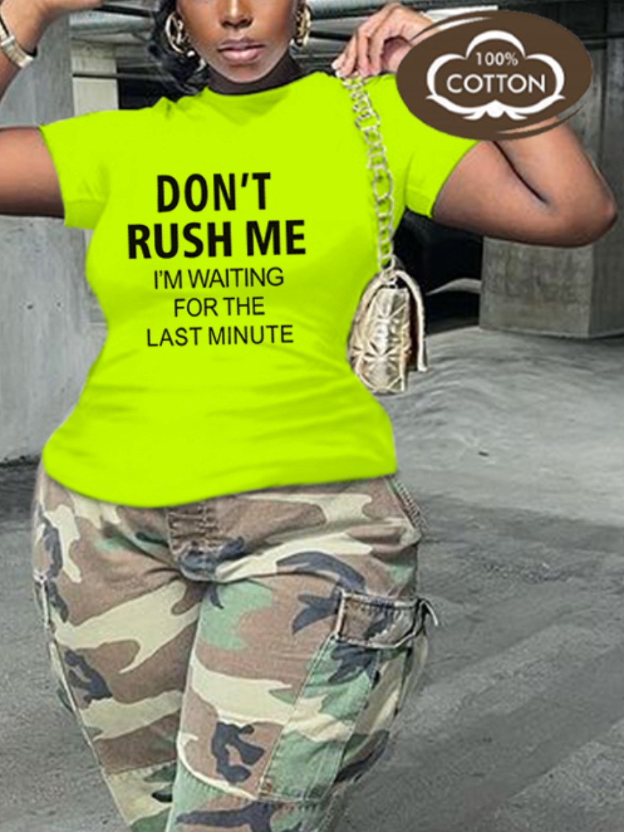 

LW COTTON Plus Size Last Minute Letter Print T-shirt, Green