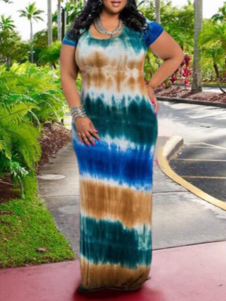 

LW Plus Size U Neck Tie-dye Dress, Green