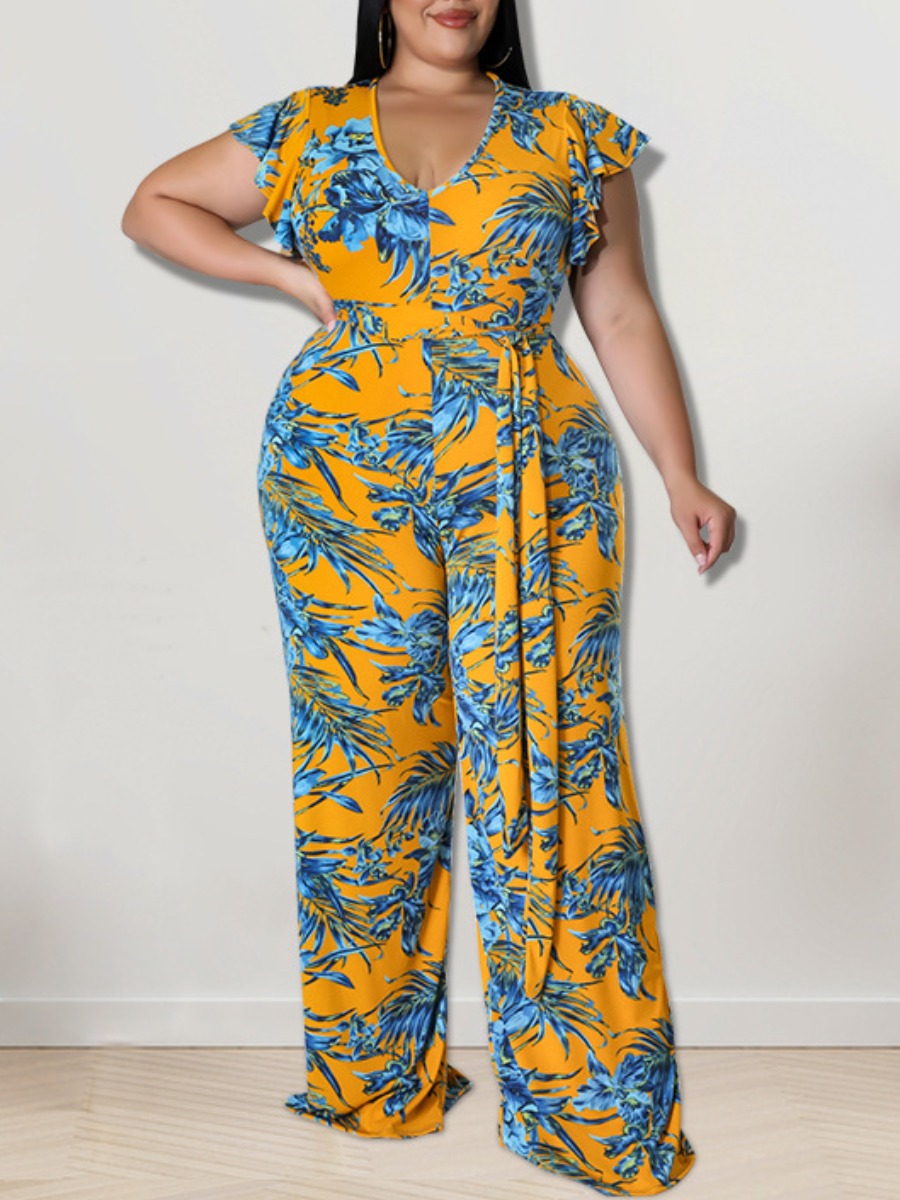 

LW Plus Size Floral Print Wide Leg Pants Set, Yellow