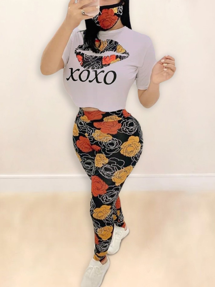 

LW Floral Lip Letter Print Pants Set, Yellow