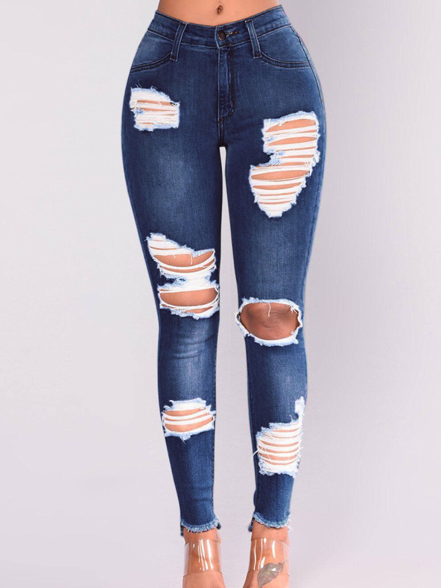 

LW Plus Size Mid Waist Ripped Stretchy Jeans, Deep blue