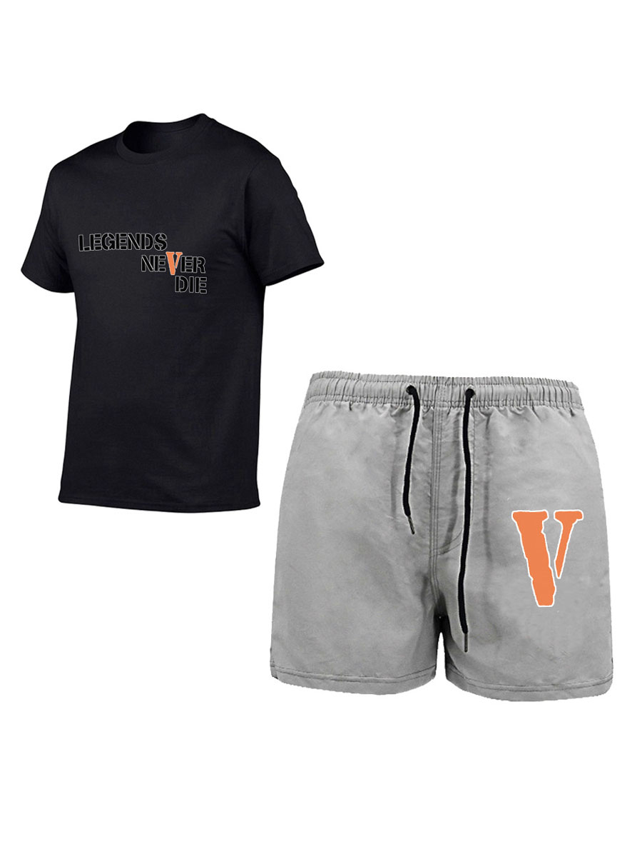 

LW Men Letter Print Drawstring Shorts Set, Grey