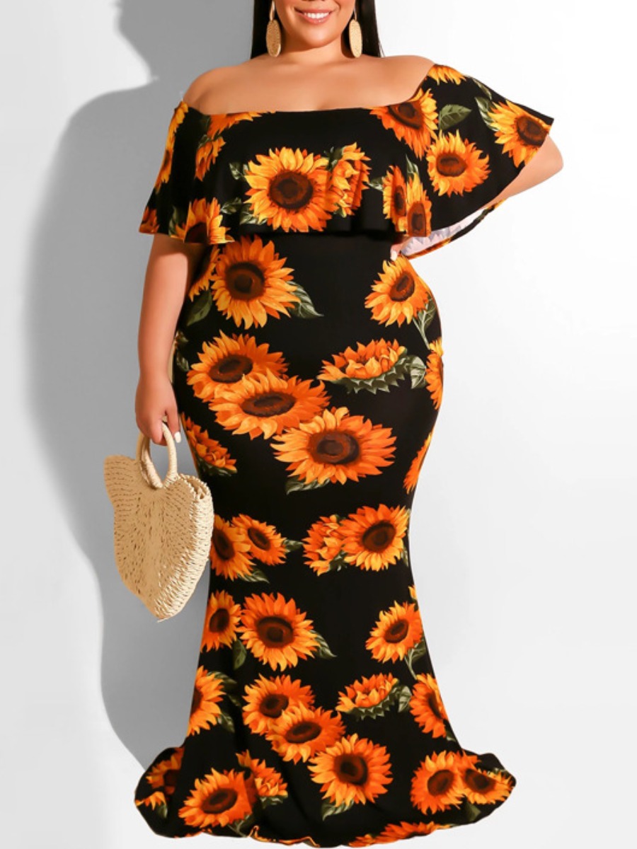 

LW Plus Size Off The Shoulder Sunflower Print Trumpet Dress, Black