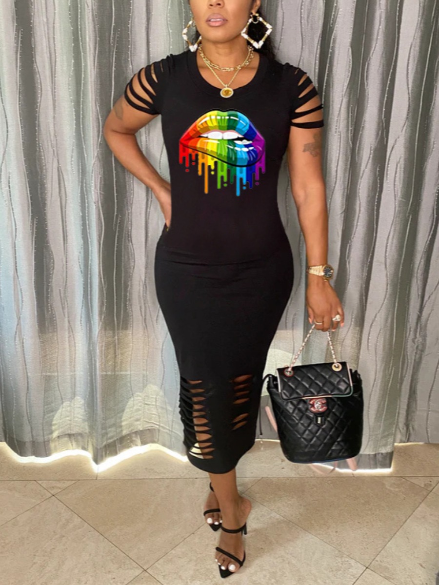 

LW Lip Print Ripped Bodycon Dress, Black