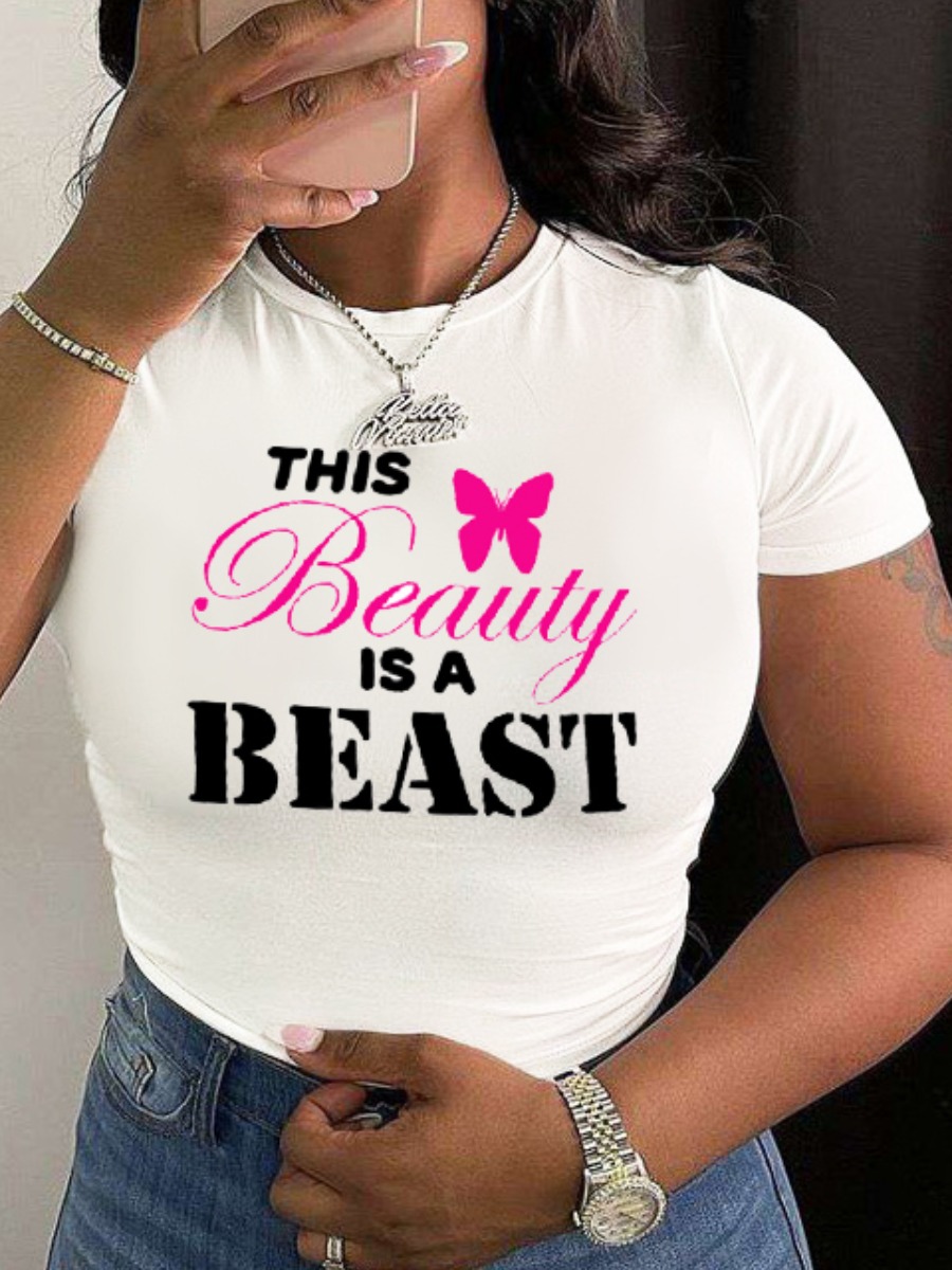 

LW Plus Size Butterfly Letter Print T-shirt, White