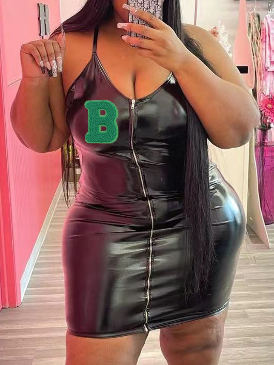 

LW SXY Plus Size Leather Letter Decor Bodycon Cami Dress, Black