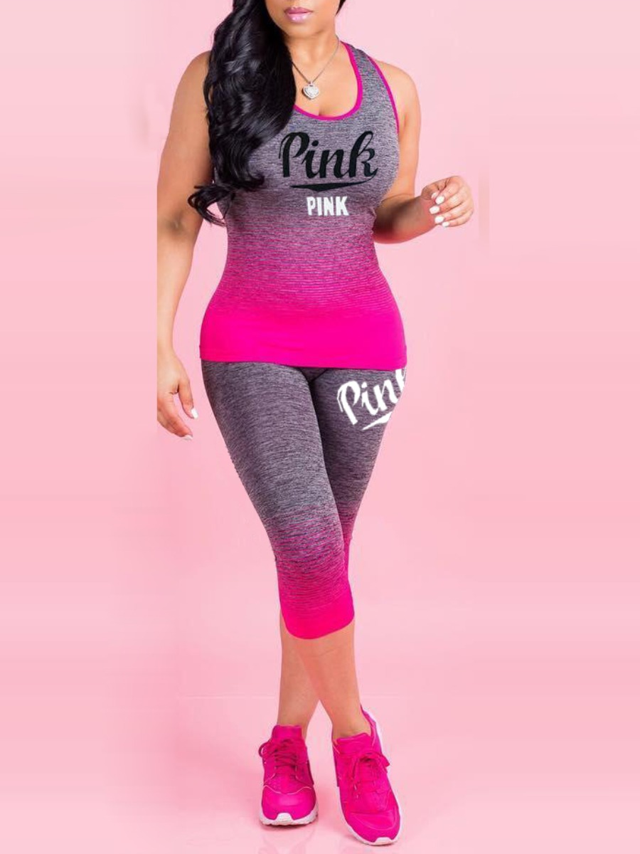 

LW Gradient Pink Letter Print Pants Set, Rose red