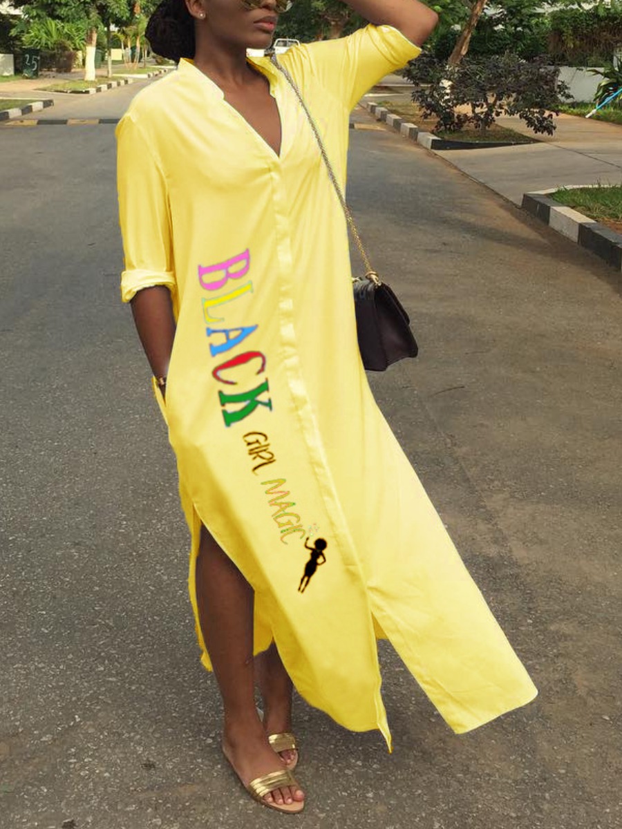 

LW Letter Print Split Shirt Dress, Yellow