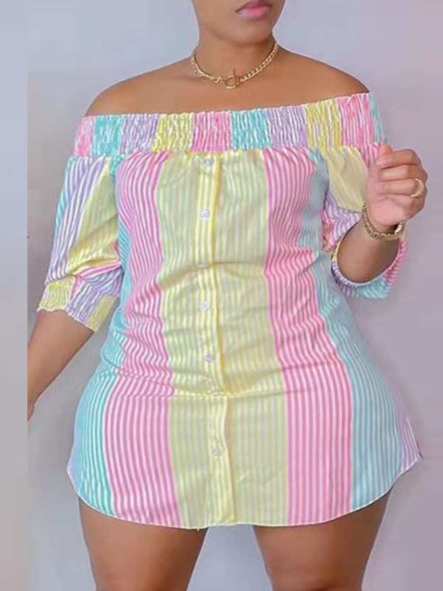 LovelyWholesale BASICS Plus Size Off The Shoulder Shirred Striped Dress Fall Casual Ruched Bateau Neck  5X Spring Summer 2024