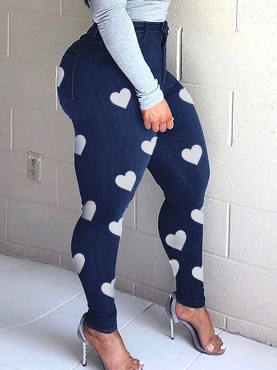 

LW Plus Size Heart Print High Stretchy Jeans, Deep blue