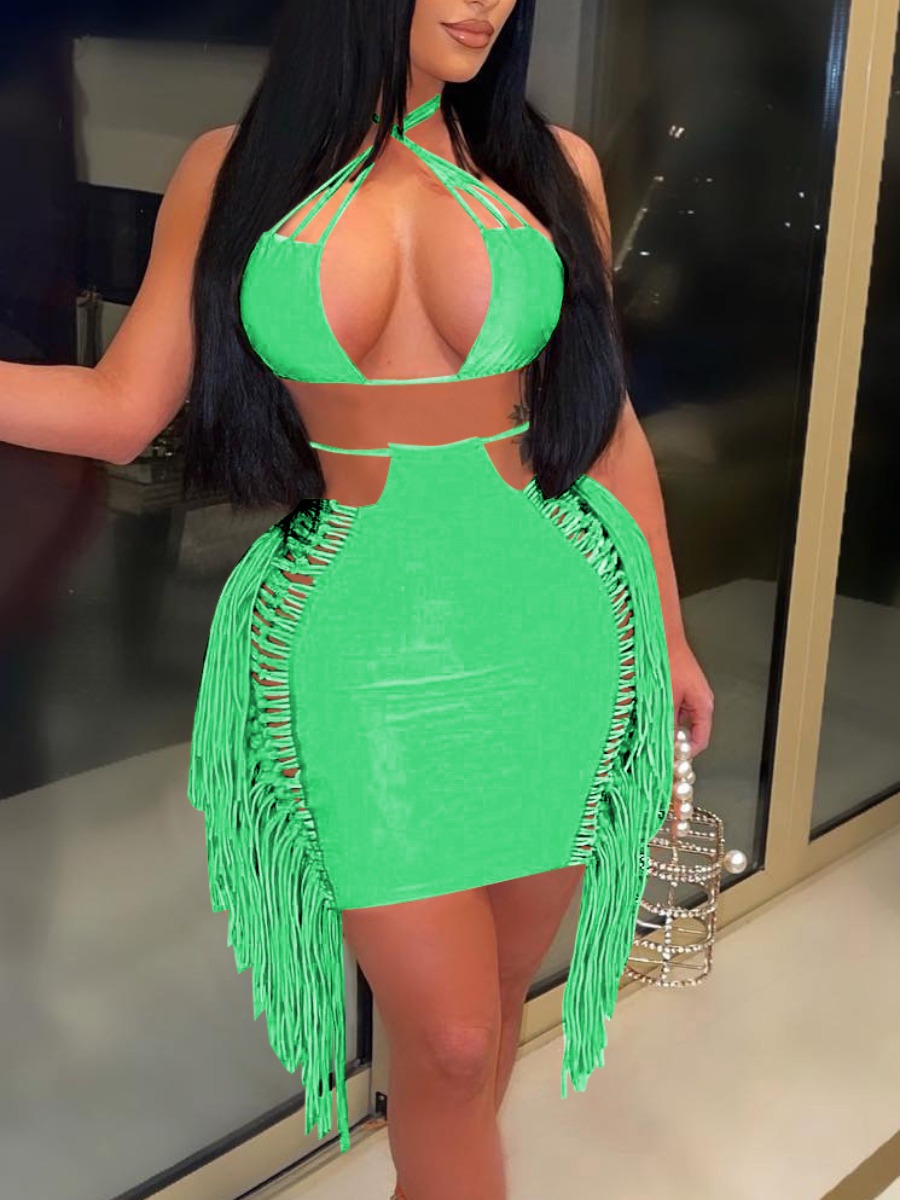 

LW Backless Tassel Design Skirt Set, Green